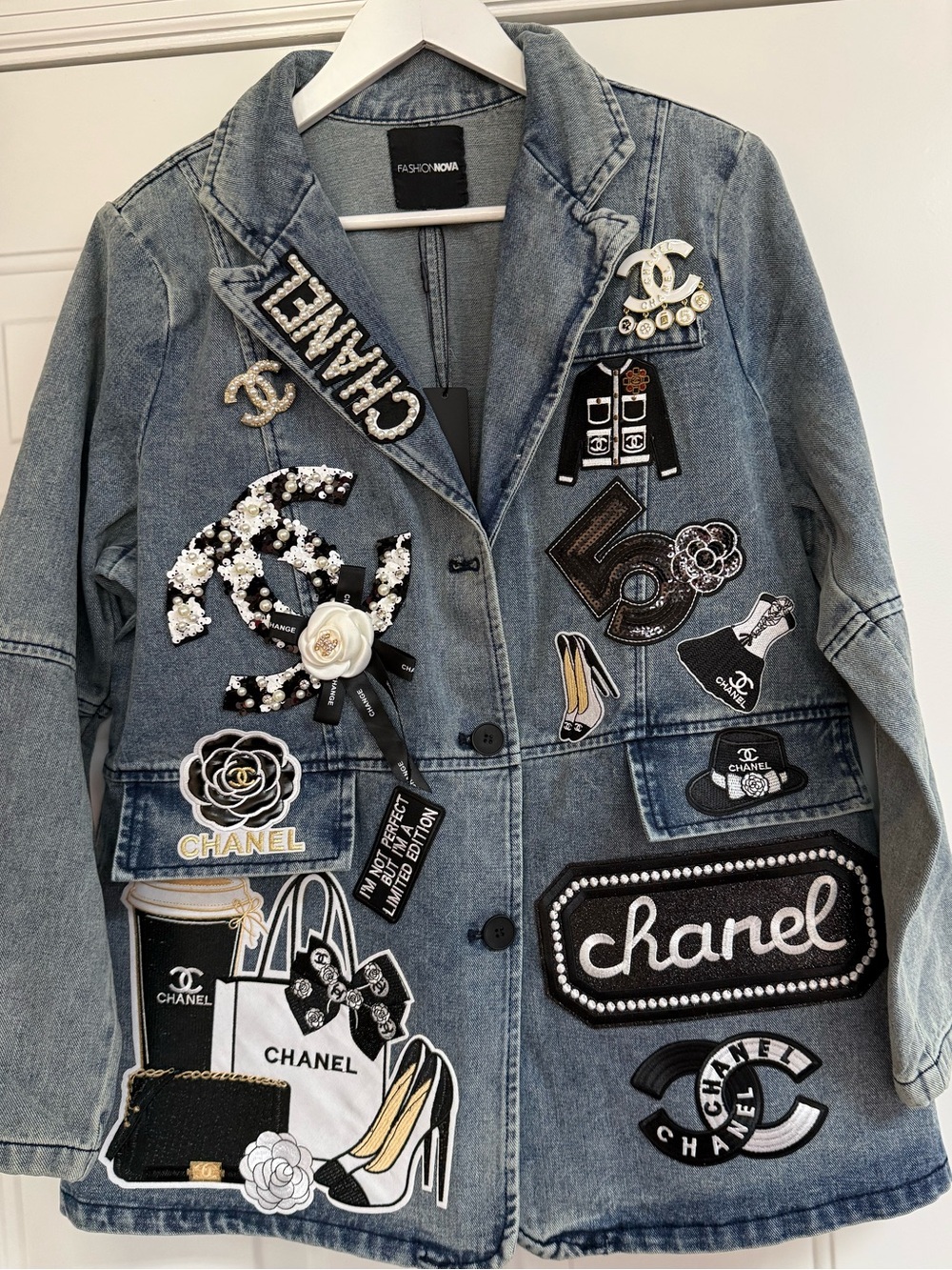 Fashion Inspired Light Blue Embellished Denim Patch Blazer Jacket